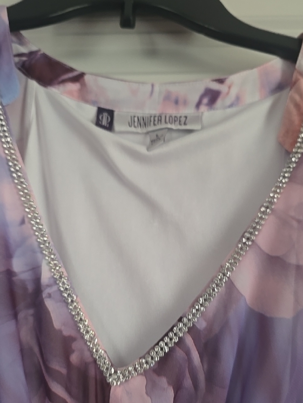 Jennifer Lopez Purple and Pink Floral V-Neck Top with Rhinestone Trim